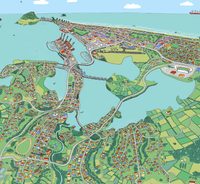 A hand-drawn  map of Tauranga, New Zealand. It shows the CBD, Mount Maunganui, the port, the airport, Matapihi, Otumoetai, Welcome Bay, Papamoa, and a small part of Omokoroa. Close up.