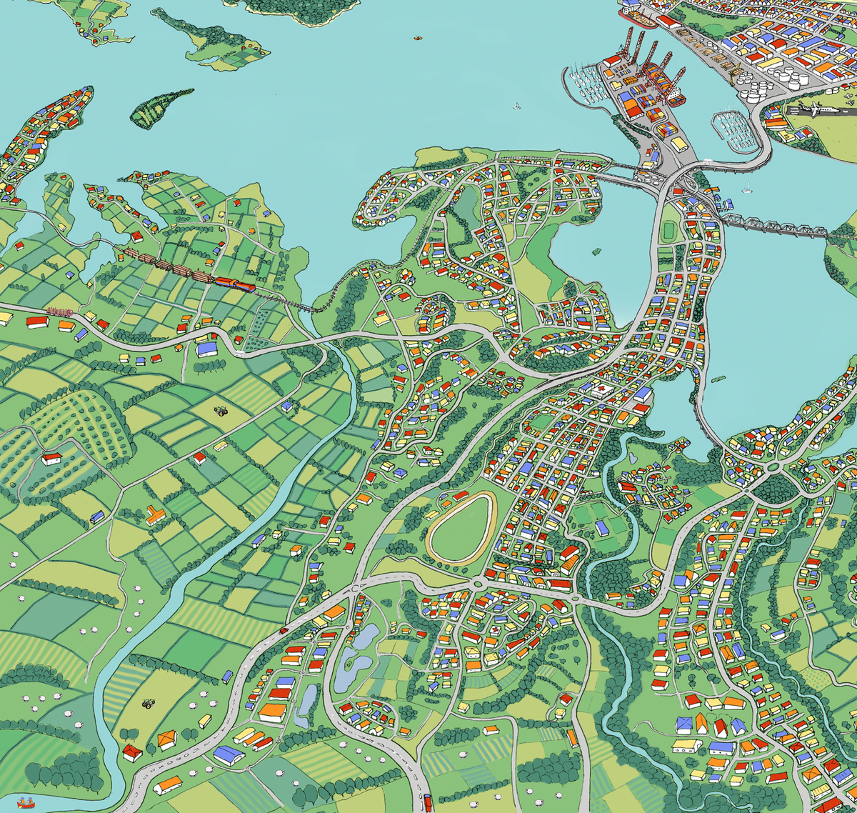 A hand-drawn  map of Tauranga, New Zealand. It shows the CBD, Mount Maunganui, the port, the airport, Matapihi, Otumoetai, Welcome Bay, Papamoa, and a small part of Omokoroa. Close up.