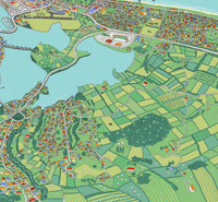 A hand-drawn  map of Tauranga, New Zealand. It shows the CBD, Mount Maunganui, the port, the airport, Matapihi, Otumoetai, Welcome Bay, Papamoa, and a small part of Omokoroa. Close up.