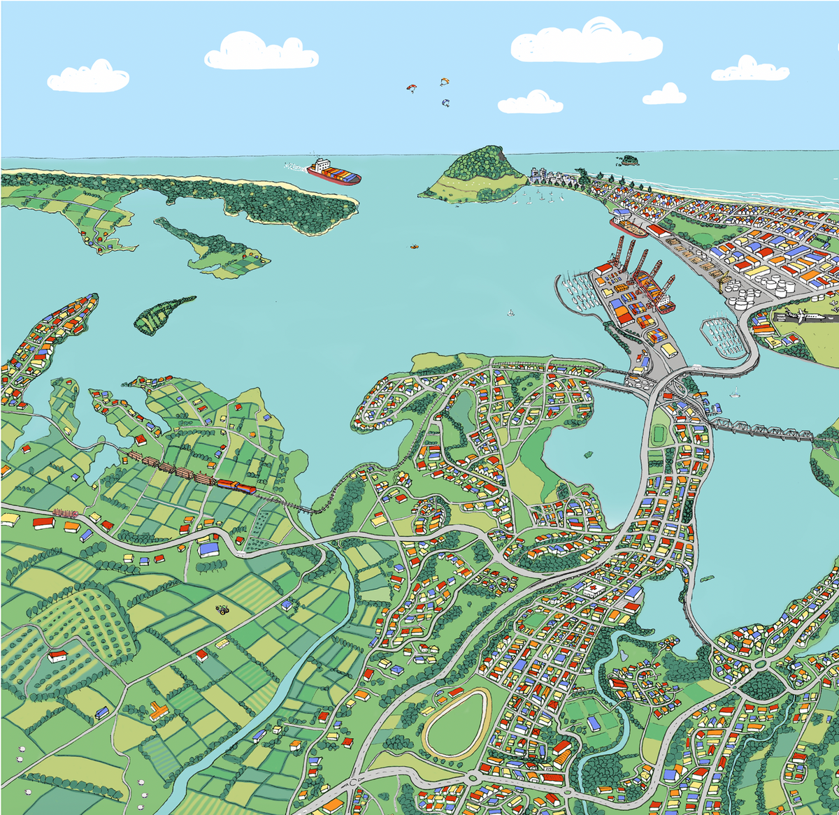 A hand-drawn  map of Tauranga, New Zealand. It shows the CBD, Mount Maunganui, the port, the airport, Matapihi, Otumoetai, Welcome Bay, Papamoa, and a small part of Omokoroa. Close up.