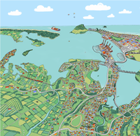 A hand-drawn  map of Tauranga, New Zealand. It shows the CBD, Mount Maunganui, the port, the airport, Matapihi, Otumoetai, Welcome Bay, Papamoa, and a small part of Omokoroa. Close up.