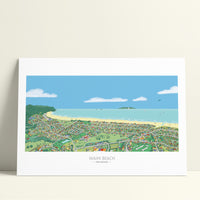 A hand-drawn map of Waihi Beach town, New Zealand. Soft colours added with a digital pencil. Shows the streets, coast, people surfing, boats, and the Sunday market.