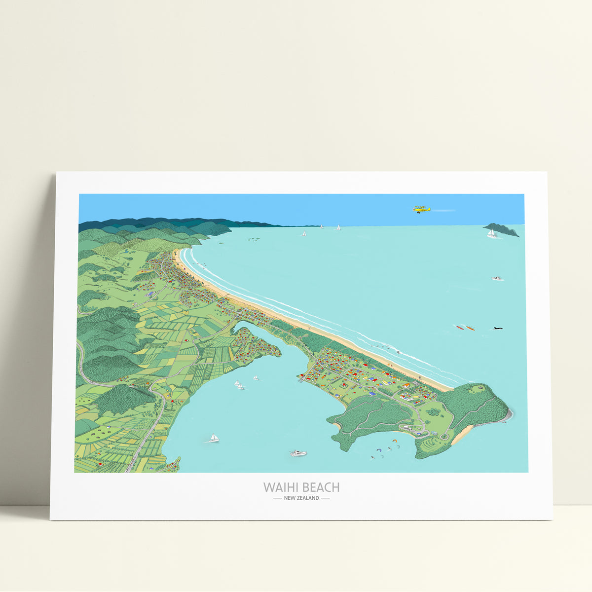 Hand drawn map of Waihi Beach, New Zealand and Bowentown peninsula art print. The illustration highlights the also Athenree, boats, and people enjoying the beach.
