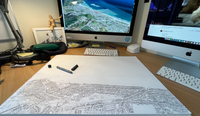 A hand-drawn map of Waihi Beach town, New Zealand. Soft colours added with a digital pencil. Shows the streets, coast, people surfing, boats, and the Sunday market. Picture of drawing process.