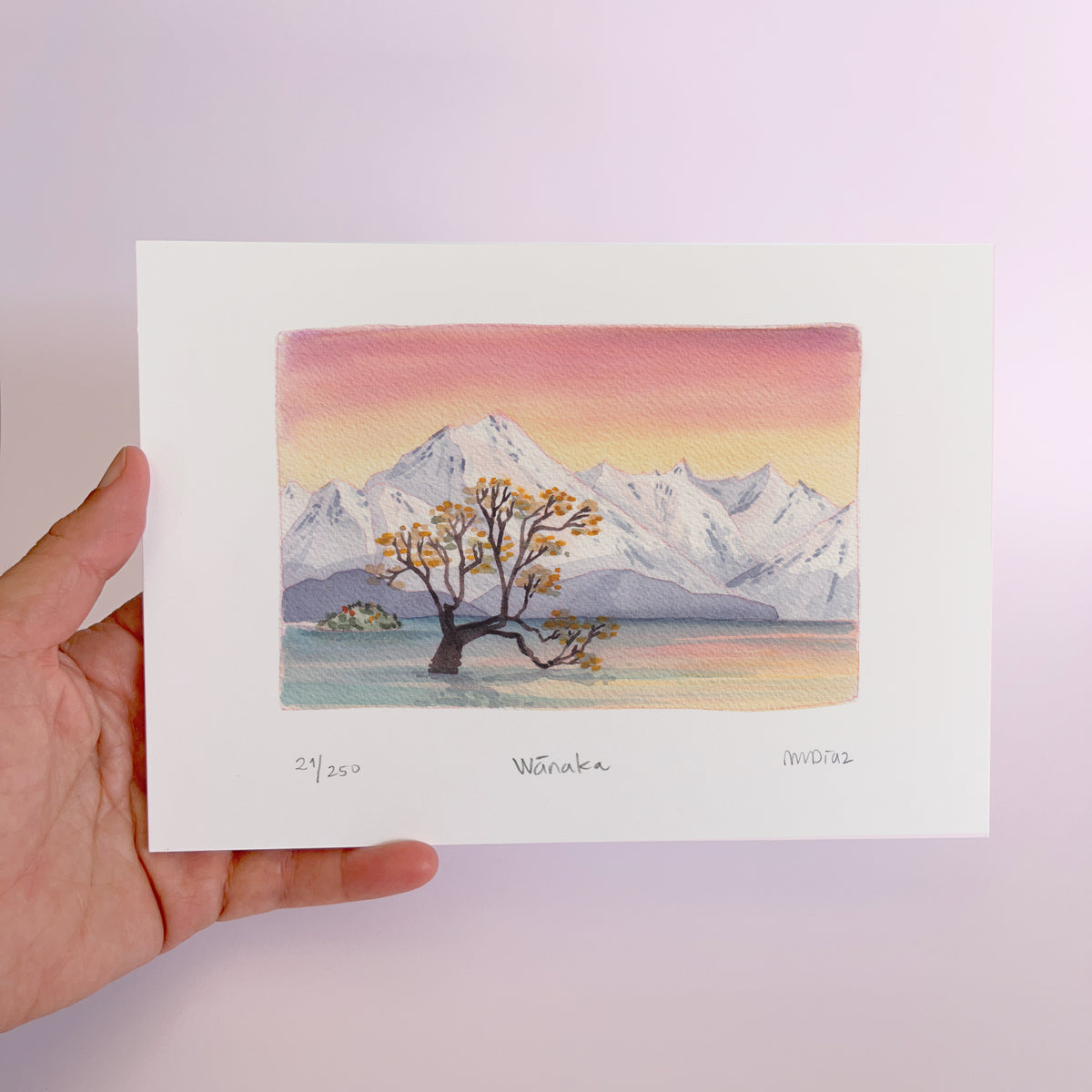 wanaka tree landscape painting sunrise art snowy mountains south island tiki tour