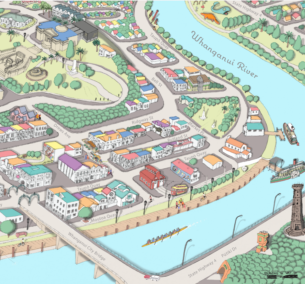 A hand-drawn map of Whanganui art print created in two parts for a District Council project. One part focuses on the city, the other on the wider region of Whanganui, New Zealand. The map highlights the Whanganui River, the Opera House, old houses, the paddle steamer, Durie Hill, the Memorial Tower, and the bridges. Close up.