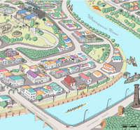 A hand-drawn map of Whanganui art print created in two parts for a District Council project. One part focuses on the city, the other on the wider region of Whanganui, New Zealand. The map highlights the Whanganui River, the Opera House, old houses, the paddle steamer, Durie Hill, the Memorial Tower, and the bridges. Close up.