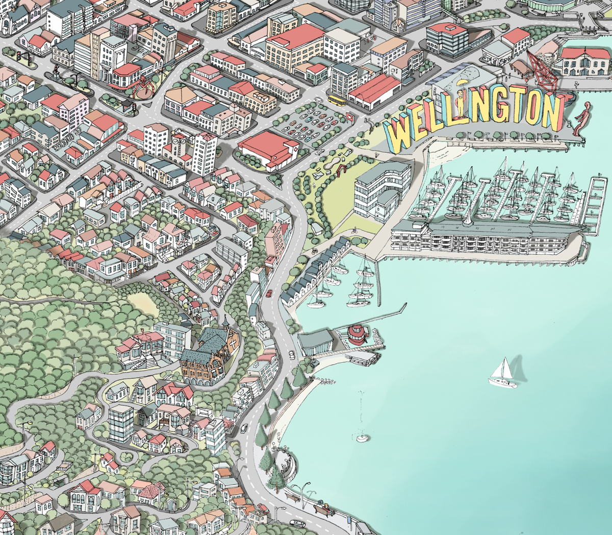 Close-up of the hand-drawn Wellington map art print. New Zealand. Picture spot waterfront.