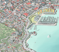 Close-up of the hand-drawn Wellington map art print. New Zealand. Picture spot waterfront.