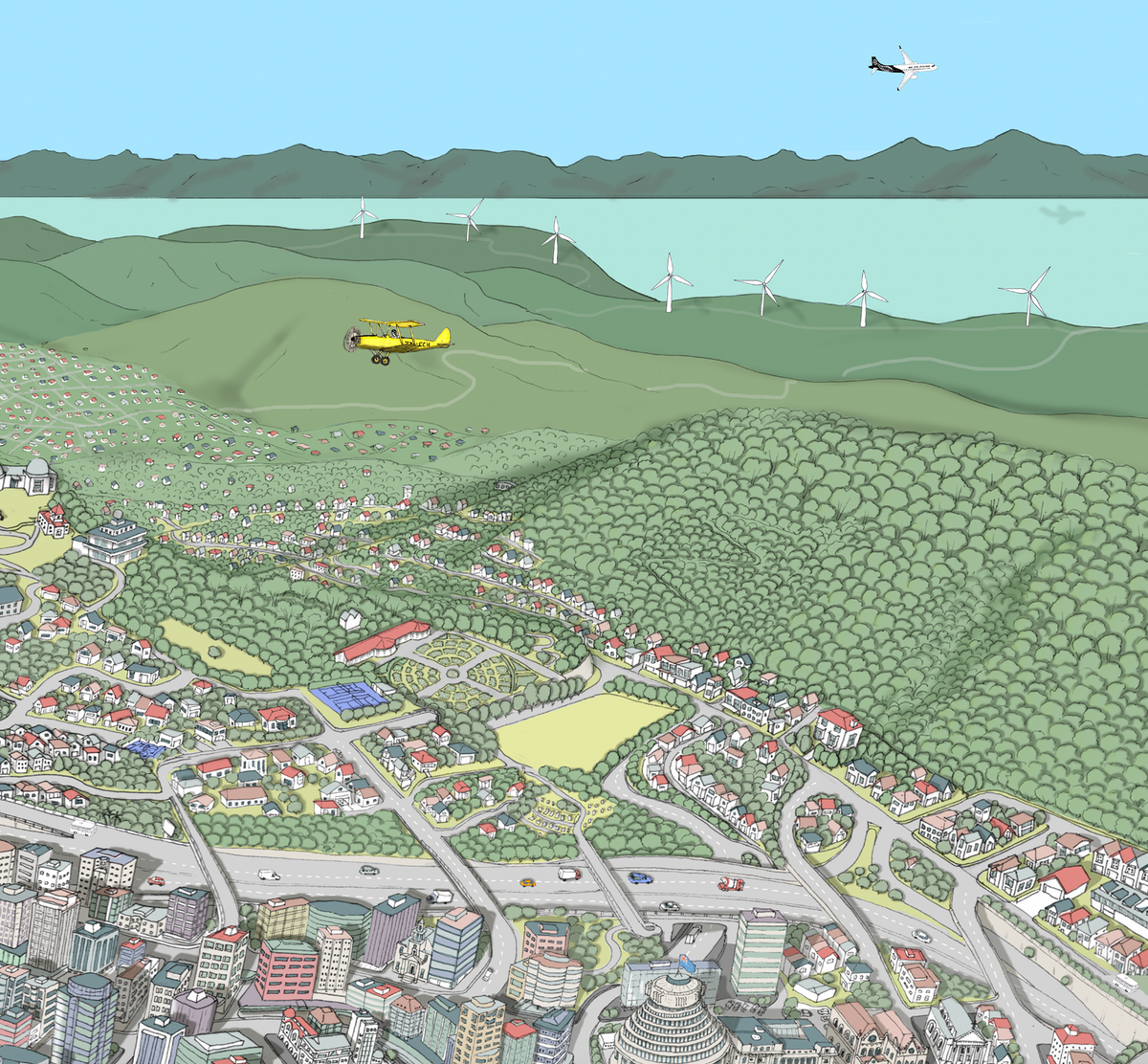 Close-up of the hand-drawn Wellington map art print. New Zealand. Close up Beehive, Gardens and planes.