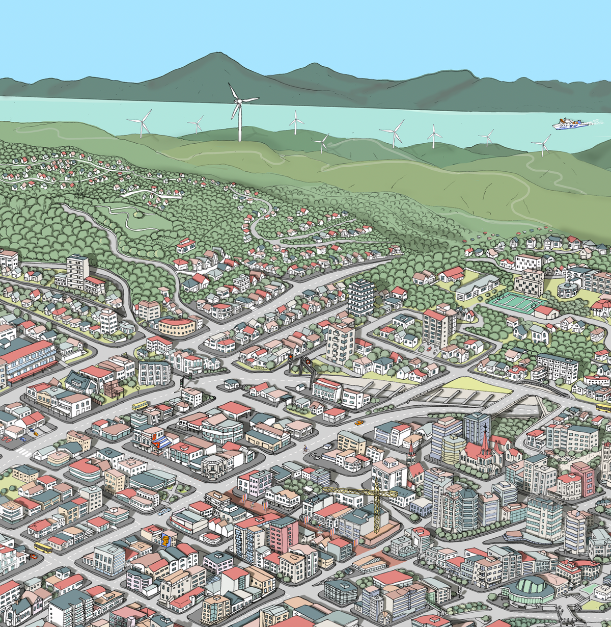 Close-up of the hand-drawn Wellington map. New Zealand. Close up ferry and Cuba street (in red)