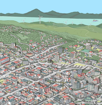 Close-up of the hand-drawn Wellington map. New Zealand. Close up ferry and Cuba street (in red)