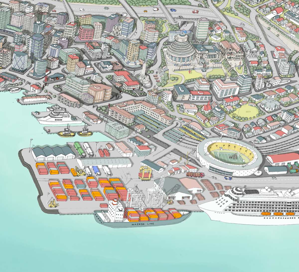 Hand-drawn map of Wellington New Zealand. Close up Stadium and port.