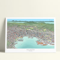 Wellington hand-drawn map art print. New Zealand. showing the full CBD, Beehive, stadium, waterfront, and Cuba Street. 