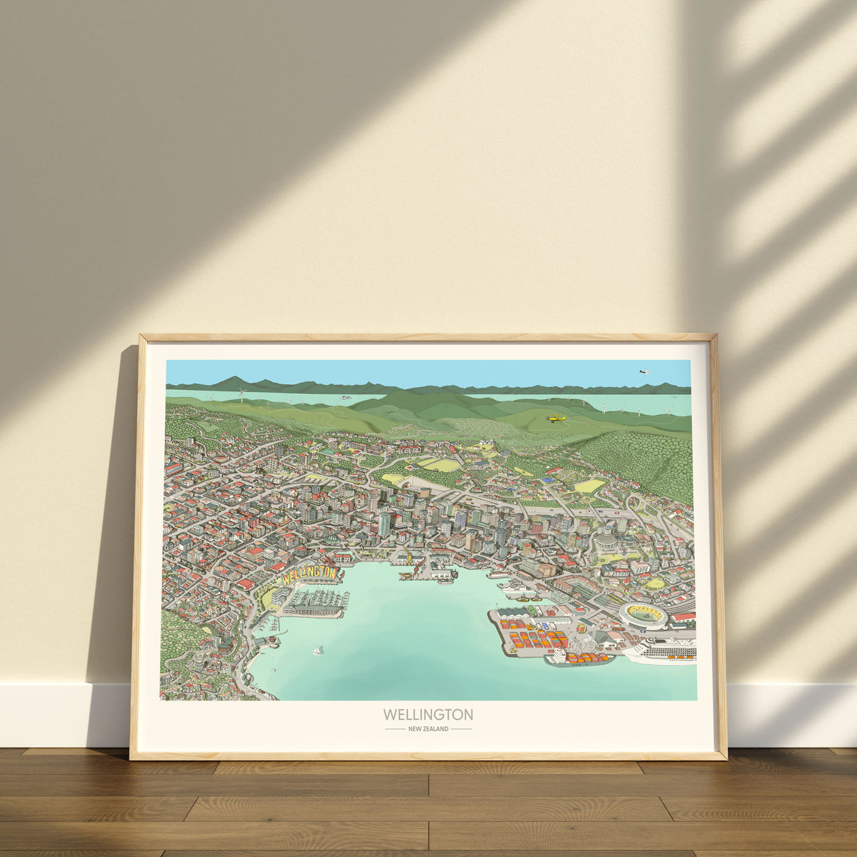 Wellington art print. Hand-drawn map of Wellington, New Zealand showing the full CBD, Beehive, stadium, waterfront, and Cuba Street. Framed wood version.
