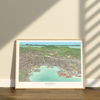Wellington art print. Hand-drawn map of Wellington, New Zealand showing the full CBD, Beehive, stadium, waterfront, and Cuba Street. Framed wood version.