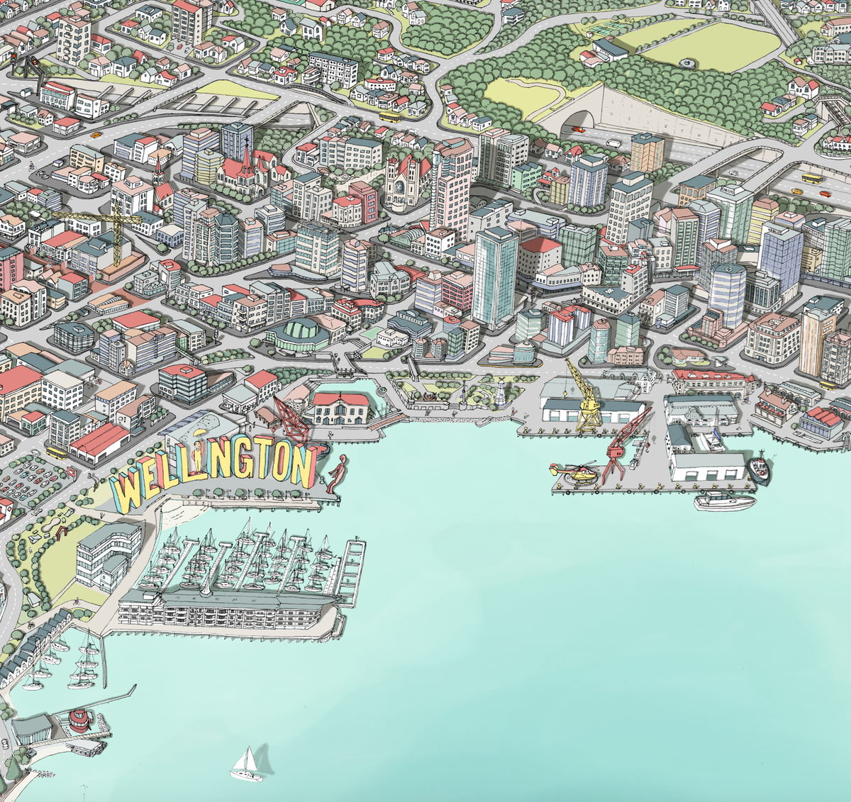 Close-up of the hand-drawn Wellington map. Art Print. New Zealand. Featuring the waterfront and main buildings.