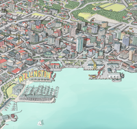 Close-up of the hand-drawn Wellington map. Art Print. New Zealand. Featuring the waterfront and main buildings.