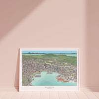 Wellington hand-drawn map art print. New Zealand. showing the full CBD, Beehive, stadium, waterfront, and Cuba Street. White Framed version.