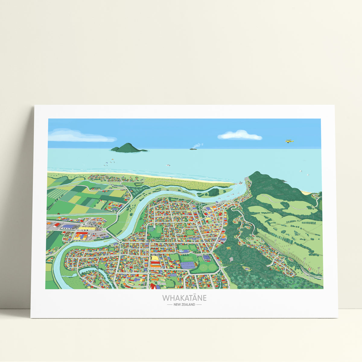A hand-drawn map art print of Whakatāne, New Zealand. The illustration uses a playful perspective to highlight the Whakatāne River, Mokoroa Reserve, and Moutohora Island.