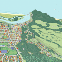 A hand-drawn map art print of Whakatāne, New Zealand. The illustration uses a playful perspective to highlight the Whakatāne River, Mokoroa Reserve, and Moutohora Island. CLOSE UP.