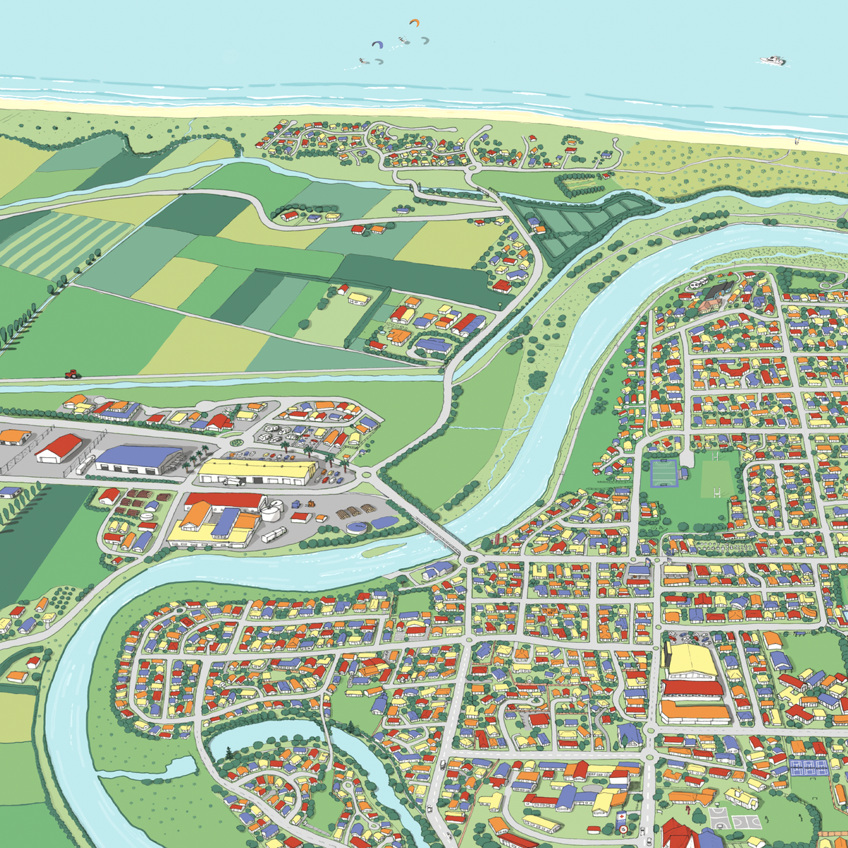 A hand-drawn map art print of Whakatāne, New Zealand. The illustration uses a playful perspective to highlight the Whakatāne River, Mokoroa Reserve, and Moutohora Island. Close up.