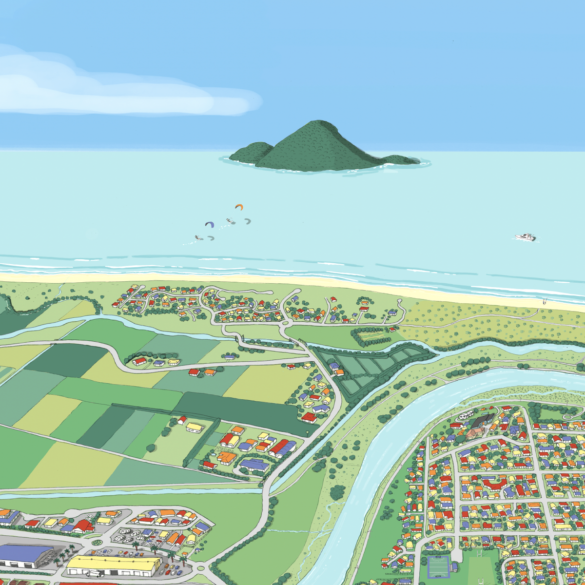 A hand-drawn map art print of Whakatāne, New Zealand. The illustration uses a playful perspective to highlight the Whakatāne River, Mokoroa Reserve, and Moutohora Island. Close up.