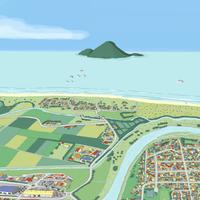 A hand-drawn map art print of Whakatāne, New Zealand. The illustration uses a playful perspective to highlight the Whakatāne River, Mokoroa Reserve, and Moutohora Island. Close up.