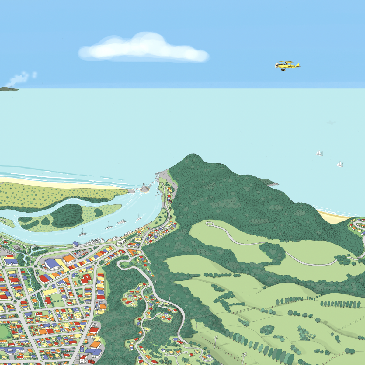 A hand-drawn map art print of Whakatāne, New Zealand. The illustration uses a playful perspective to highlight the Whakatāne River, Mokoroa Reserve, and Moutohora Island.  Close up.