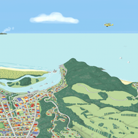 A hand-drawn map art print of Whakatāne, New Zealand. The illustration uses a playful perspective to highlight the Whakatāne River, Mokoroa Reserve, and Moutohora Island.  Close up.