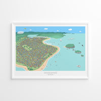 Hand-drawn map art print of Whangamata, New Zealand. Features colourful houses in primary colours, surfer’s paradise beach town vibe. Displayed in white frame.