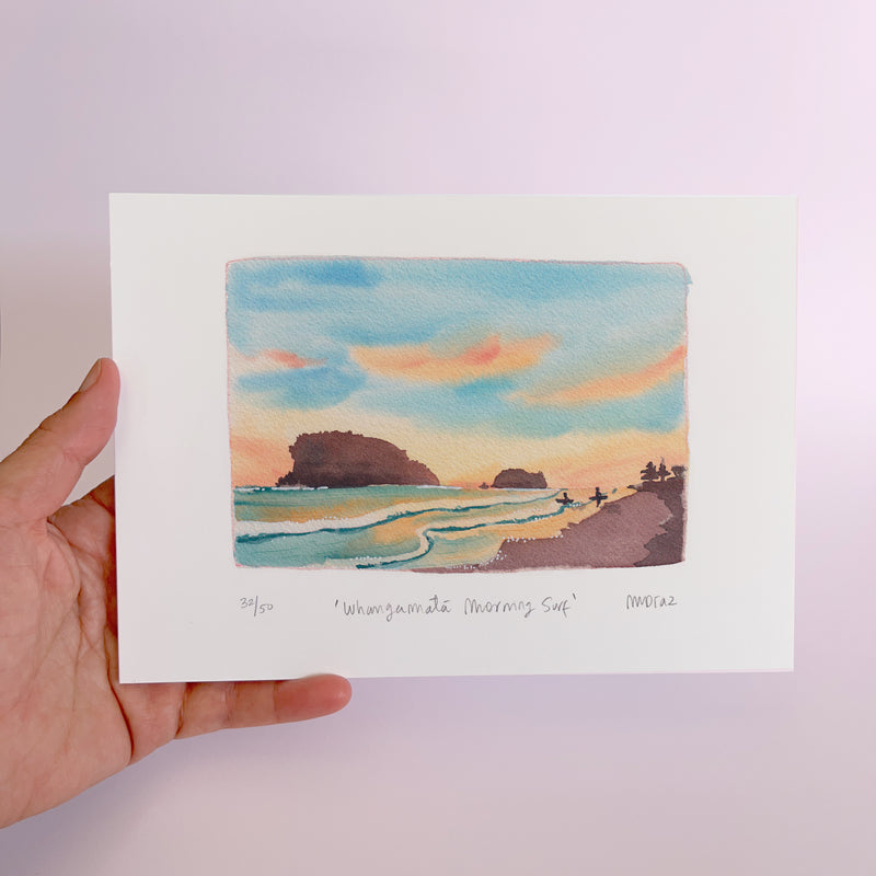 Whangamatā morning surf Watercolour art print