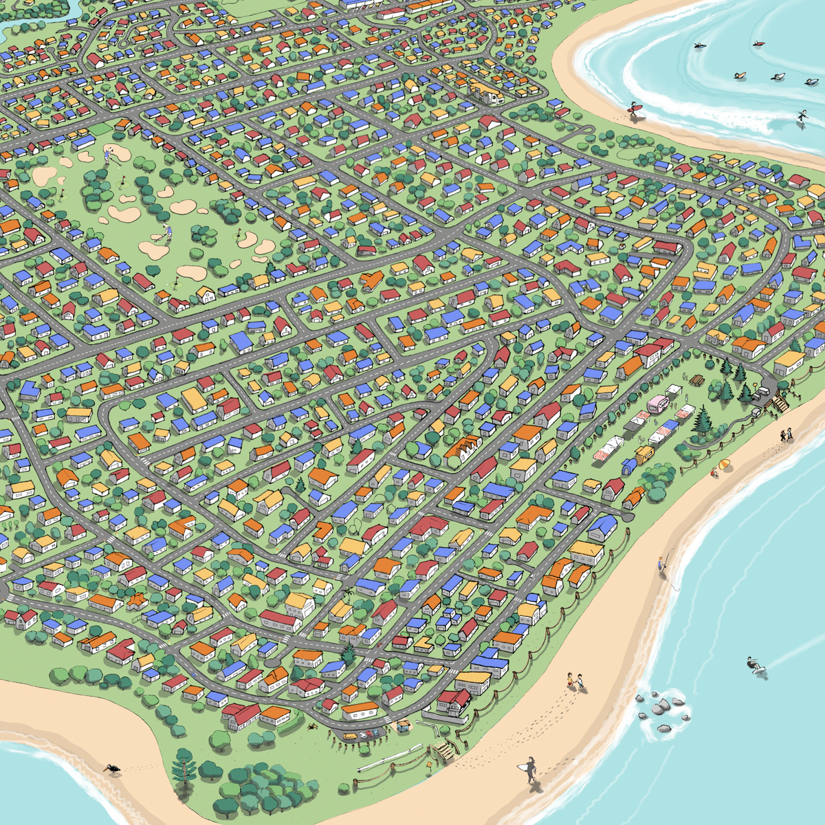  Hand-drawn map art print of Whangamata, New Zealand. Features colourful houses in primary colours, surfer’s paradise beach town vibe. Close up