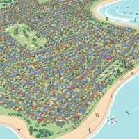  Hand-drawn map art print of Whangamata, New Zealand. Features colourful houses in primary colours, surfer’s paradise beach town vibe. Close up