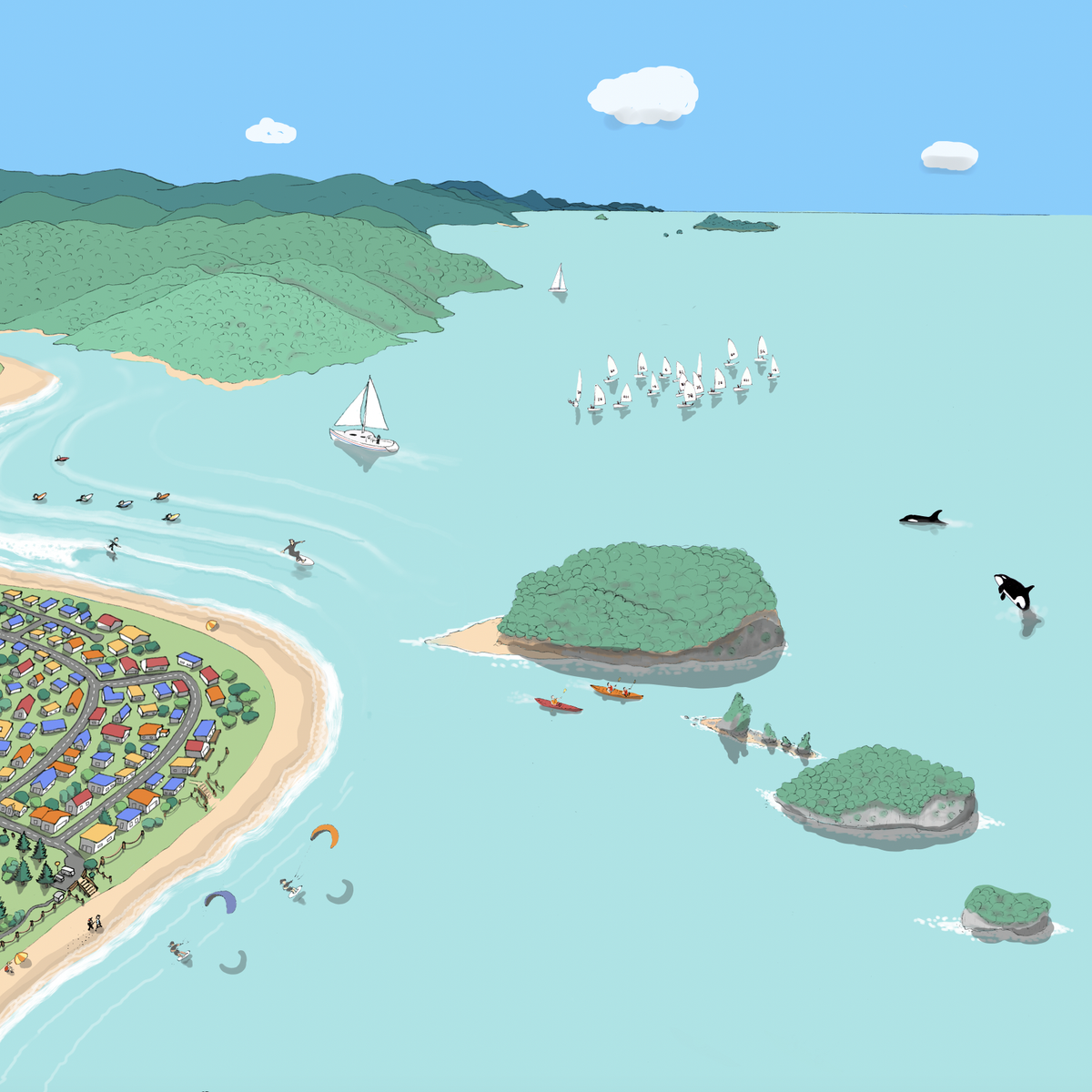 Hand-drawn map art print of Whangamata, New Zealand. Features colourful houses in primary colours, surfer’s paradise beach town vibe. Close up