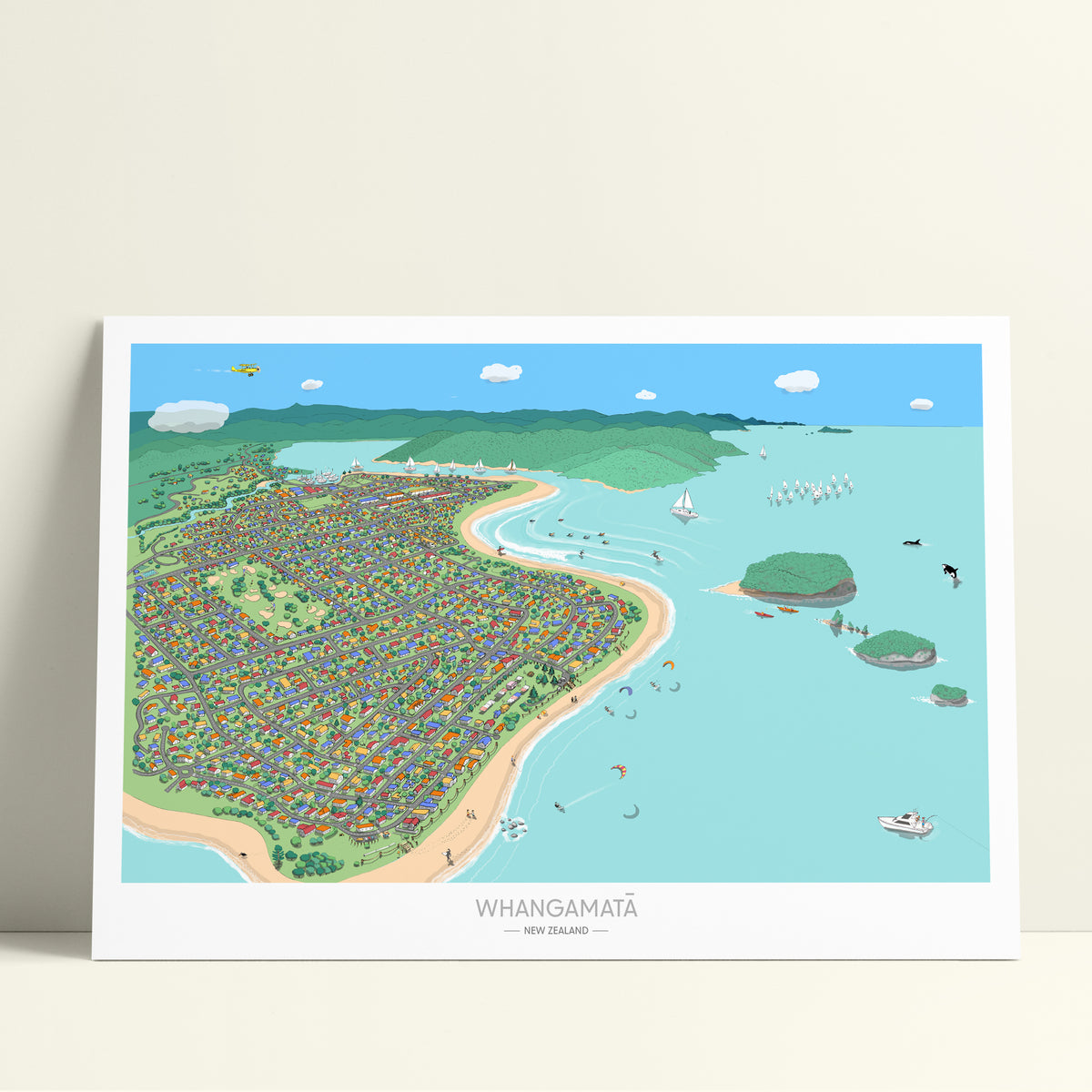 Hand-drawn map art print of Whangamata, New Zealand. Features colourful houses in primary colours, surfer’s paradise beach town vibe. 