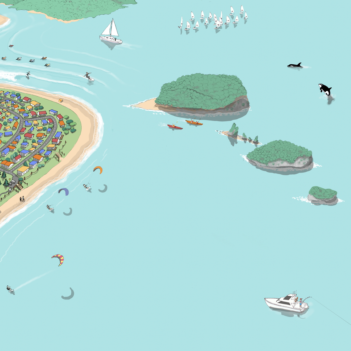 Close up Hand-drawn map art print of Whangamata, New Zealand. Features colourful houses in primary colours, surfer’s paradise beach town vibe. 