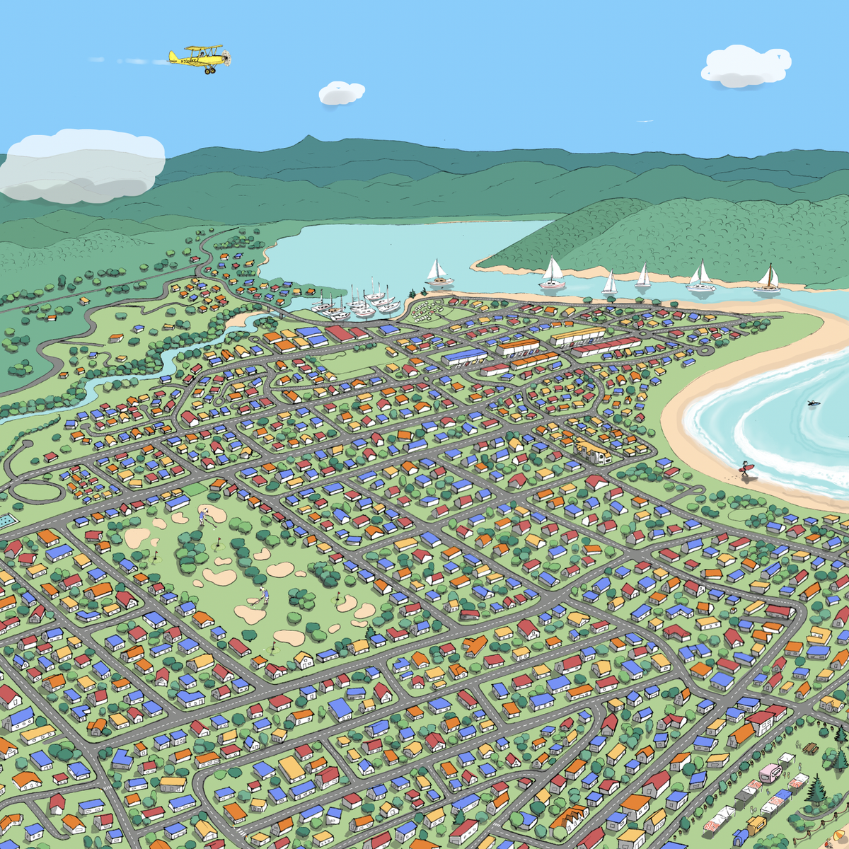 Close up Hand-drawn map art print of Whangamata, New Zealand. Features colourful houses in primary colours, surfer’s paradise beach town vibe. 