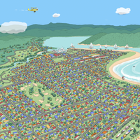 Close up Hand-drawn map art print of Whangamata, New Zealand. Features colourful houses in primary colours, surfer’s paradise beach town vibe. 