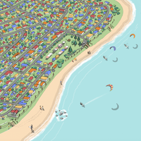 Close up Hand-drawn map art print of Whangamata, New Zealand. Features colourful houses in primary colours, surfer’s paradise beach town vibe. Kite surf.