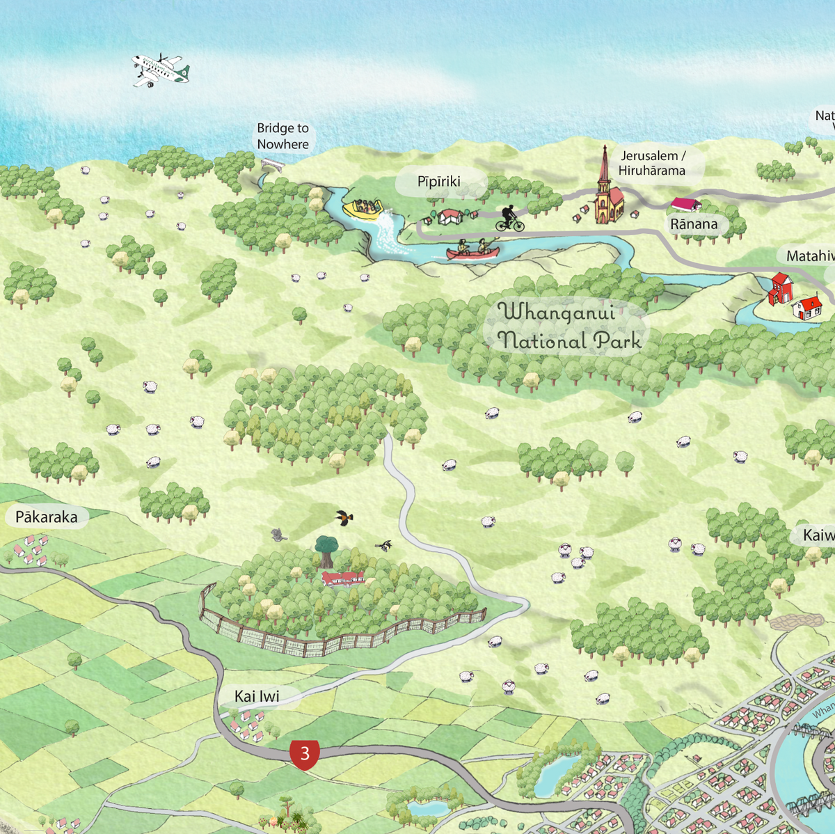 A hand-drawn map of Whanganui art print created in two parts for a District Council project. One part focuses on the city, the other on the wider region of Whanganui, New Zealand. The map highlights the Whanganui River, the Opera House, old houses, the paddle steamer, Durie Hill, the Memorial Tower, and the bridges. CLOSE UP.