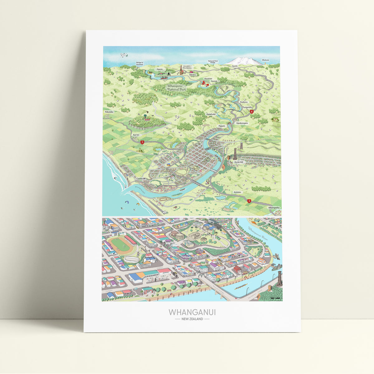 A hand-drawn map of Whanganui art print created in two parts for a District Council project. One part focuses on the city, the other on the wider region of Whanganui, New Zealand. The map highlights the Whanganui River, the Opera House, old houses, the paddle steamer, Durie Hill, the Memorial Tower, and the bridges. Painted with watercolours and digital. 