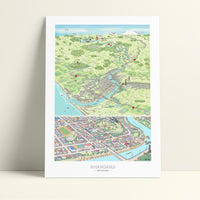 A hand-drawn map of Whanganui art print created in two parts for a District Council project. One part focuses on the city, the other on the wider region of Whanganui, New Zealand. The map highlights the Whanganui River, the Opera House, old houses, the paddle steamer, Durie Hill, the Memorial Tower, and the bridges. Painted with watercolours and digital. 