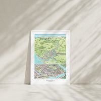 A hand-drawn map of Whanganui art print created in two parts for a District Council project. One part focuses on the city, the other on the wider region of Whanganui, New Zealand. The map highlights the Whanganui River, the Opera House, old houses, the paddle steamer, Durie Hill, the Memorial Tower, and the bridges. White Framed displayed.