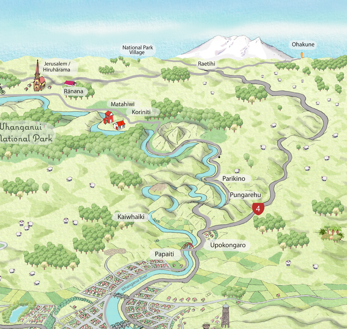 A hand-drawn map of Whanganui art print created in two parts for a District Council project. One part focuses on the city, the other on the wider region of Whanganui, New Zealand. The map highlights the Whanganui River, the Opera House, old houses, the paddle steamer, Durie Hill, the Memorial Tower, and the bridges.  Close up.