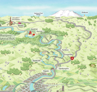 A hand-drawn map of Whanganui art print created in two parts for a District Council project. One part focuses on the city, the other on the wider region of Whanganui, New Zealand. The map highlights the Whanganui River, the Opera House, old houses, the paddle steamer, Durie Hill, the Memorial Tower, and the bridges.  Close up.