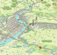 A hand-drawn map of Whanganui art print created in two parts for a District Council project. One part focuses on the city, the other on the wider region of Whanganui, New Zealand. The map highlights the Whanganui River, the Opera House, old houses, the paddle steamer, Durie Hill, the Memorial Tower, and the bridges. Close up. 