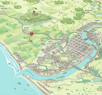 A hand-drawn map of Whanganui art print created in two parts for a District Council project. One part focuses on the city, the other on the wider region of Whanganui, New Zealand. The map highlights the Whanganui River, the Opera House, old houses, the paddle steamer, Durie Hill, the Memorial Tower, and the bridges. Close Up. 