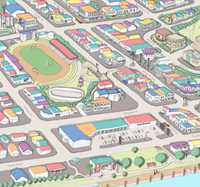 A hand-drawn map of Whanganui art print created in two parts for a District Council project. One part focuses on the city, the other on the wider region of Whanganui, New Zealand. The map highlights the Whanganui River, the Opera House, old houses, the paddle steamer, Durie Hill, the Memorial Tower, and the bridges.  Close up.