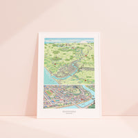 A hand-drawn map of Whanganui art print created in two parts for a District Council project. One part focuses on the city, the other on the wider region of Whanganui, New Zealand. The map highlights the Whanganui River, the Opera House, old houses, the paddle steamer, Durie Hill, the Memorial Tower, and the bridges. White framed.